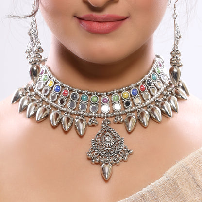 Multicoloured Spiked Silver Oxidized Choker Necklace Set with Dangler Earrings