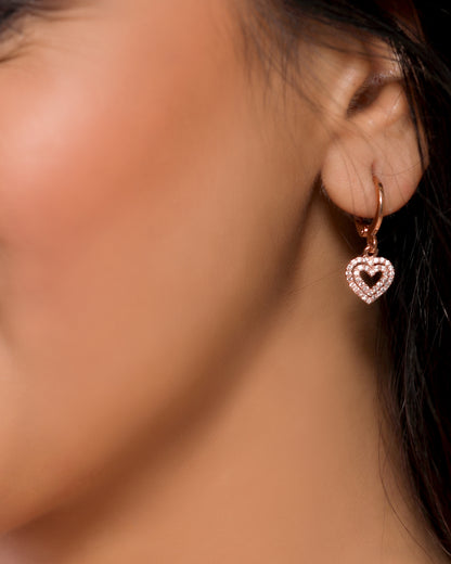 Cute Little Zirconia Studded Dual Layer heart in Rose Gold Stainless Steel Loop Earrings