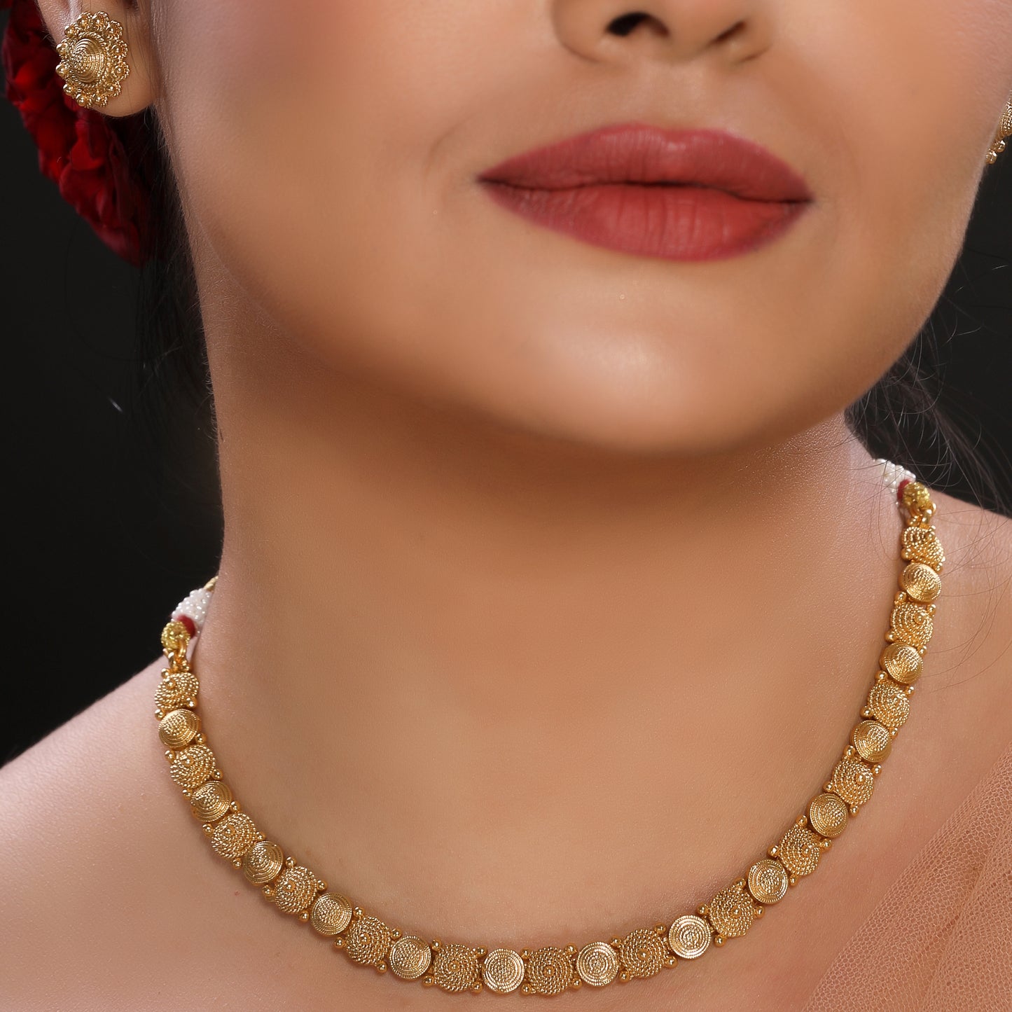 Minimal Single Layer Flat Matte Finish Gold Plated Beads Brass alloy Traditional Necklace set with Stud Earrings