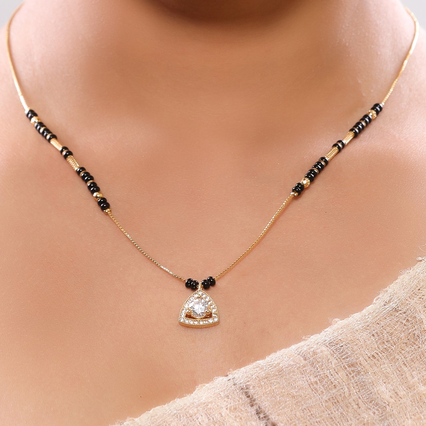 Chic Elegant American Diamond Studded Triangular Pendant in Single Layer Gold Plated Chain  Mangalsutra