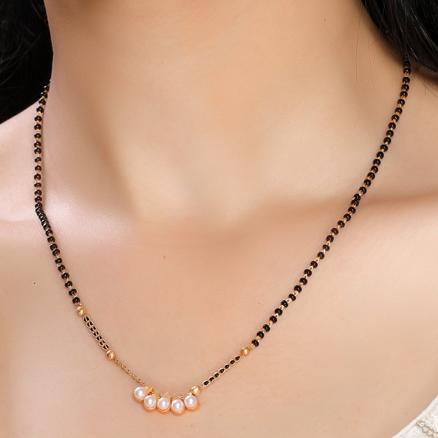 Stylish Moving Pearl Drops Small Pendant Single Layered Black Beads Gold Plated Mangalsutra