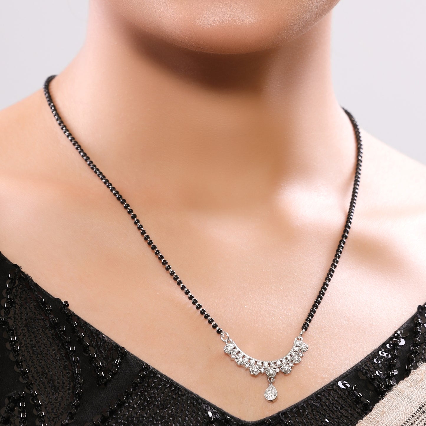 American Diamond Studded Drop Linear Pendant Single Chain Rhodium Plated Mangalsutra