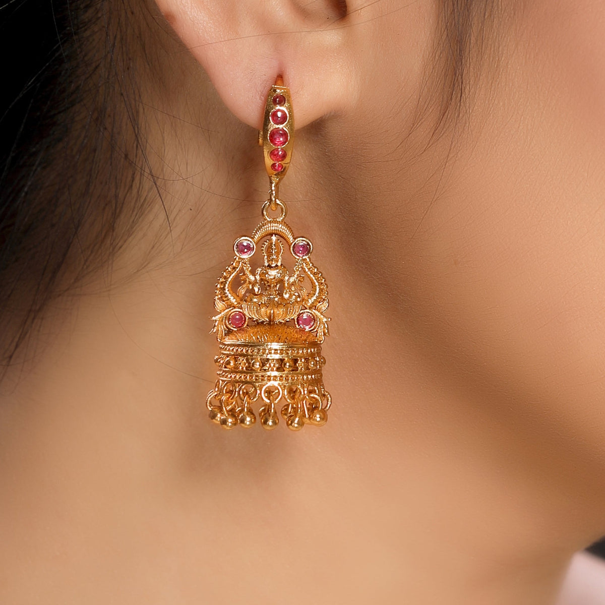 Radiant Linear Faux Ruby Studded Laxmi Jhumka Earrings