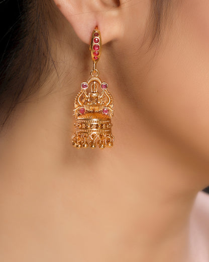 Ruby-Studded Linear Laxmi Temple Jhumka Earrings 22KT Gold Plated Brass Matte Finish