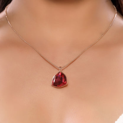 Bold Red Triangular Crystal Pendant Chain Necklace in 18KT Rose Gold Plated Stainless Steel