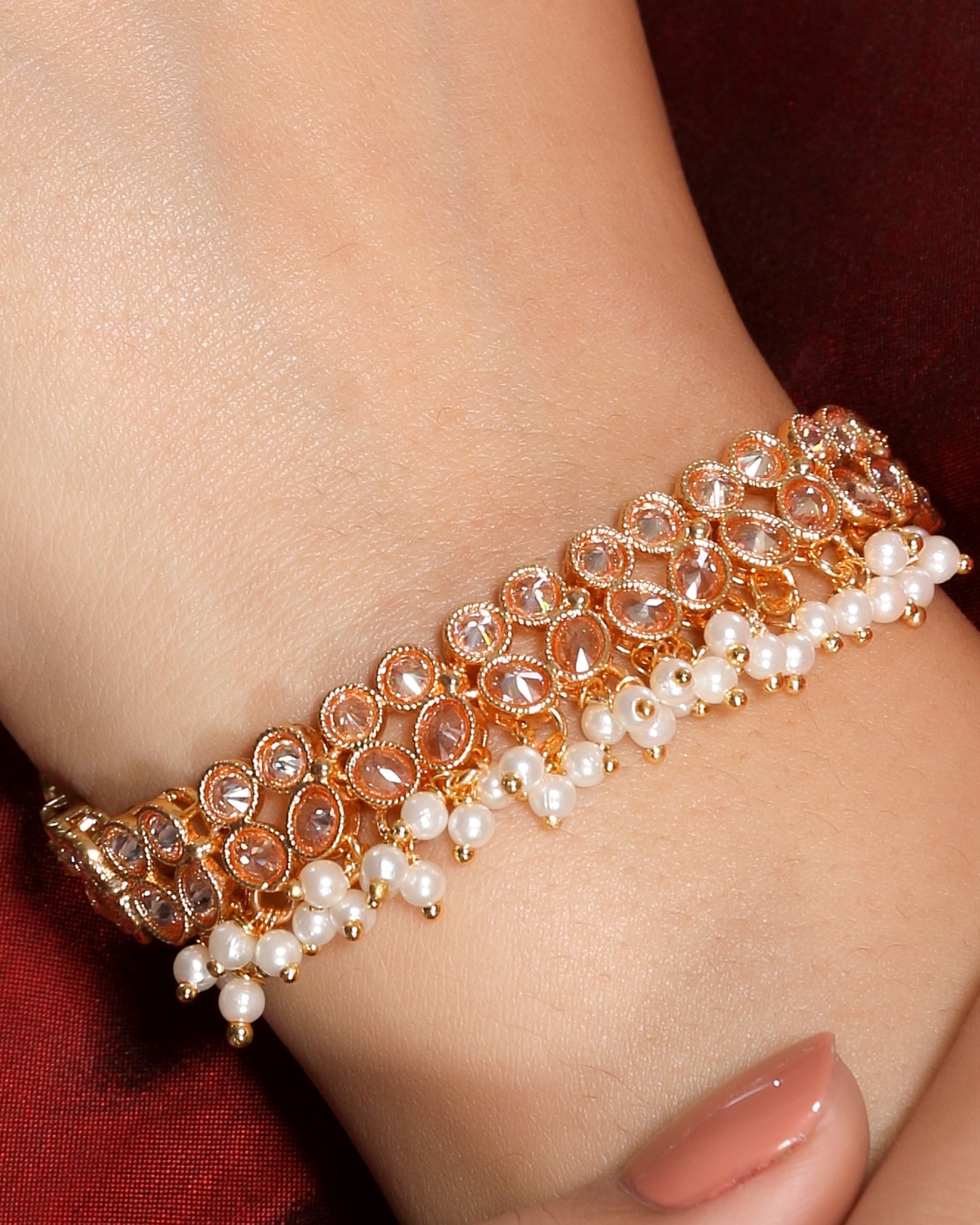 High Class Crystal and Beads Studded Gold Traditional Linear Bracelet in Brass Alloy