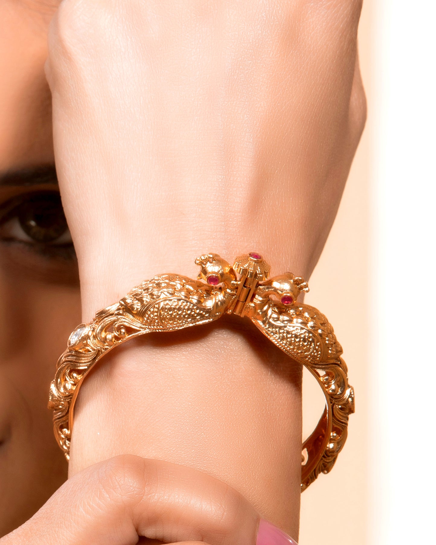 Magnificent Ruby n Emerald Studded Openable Brass Kada Bangle in Matte Finish Gold