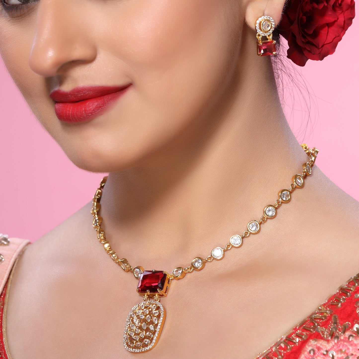 Indo-Western Cum Traditional Brass Pendant Chain Necklace Set Studded with Zirconia, Crystals and Statement Bold Red Crystal with Stud Earrings