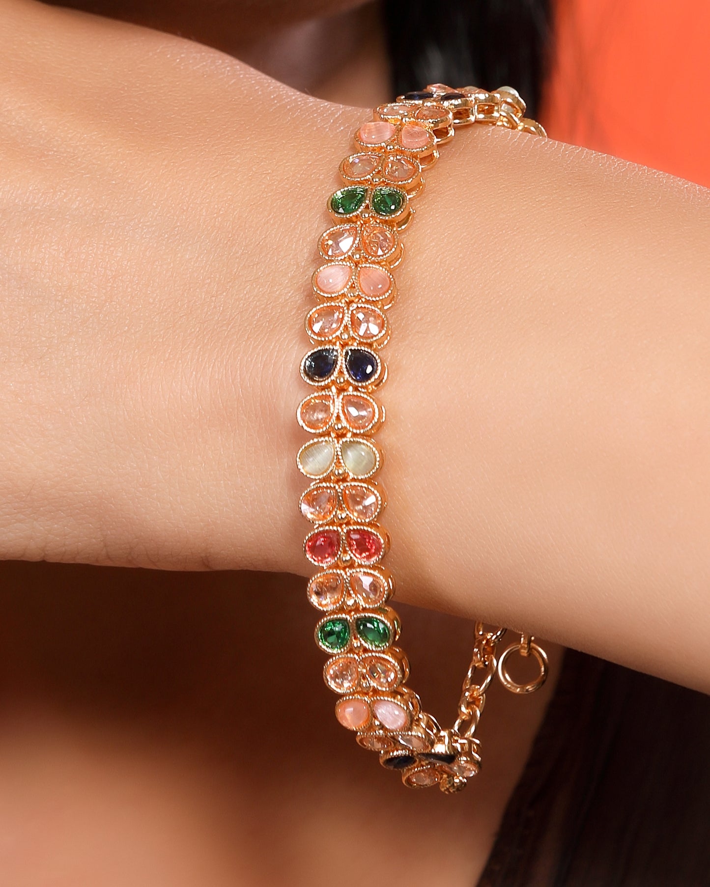 Stunning Multicoloured Studded Crystals in Traditional Gold Plated Linear Chain Bracelet