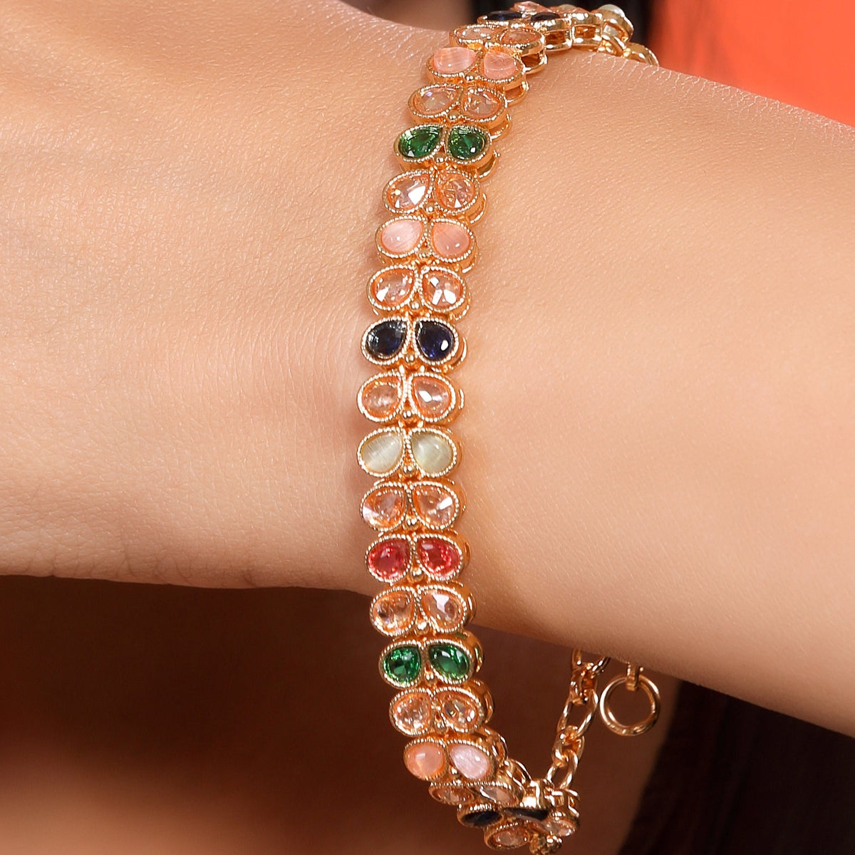 Stunning Multicoloured Studded Crystals in Traditional Gold Plated Linear Chain Bracelet