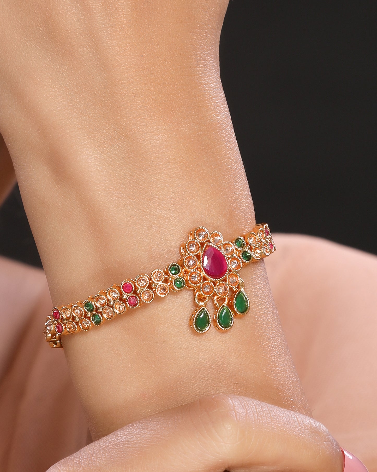 High Toned Multicolour Crystal Studded Broochy Linear Chain Traditional Bracelet in Gold Plated