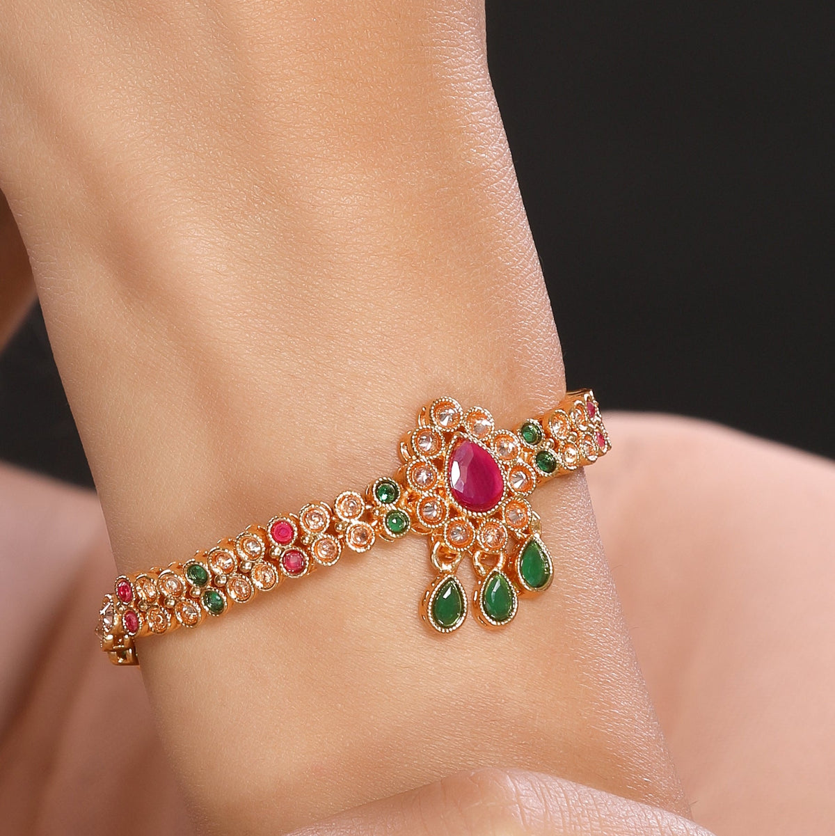 High Toned Multicolour Crystal Studded Broochy Linear Chain Traditional Bracelet in Gold Plated