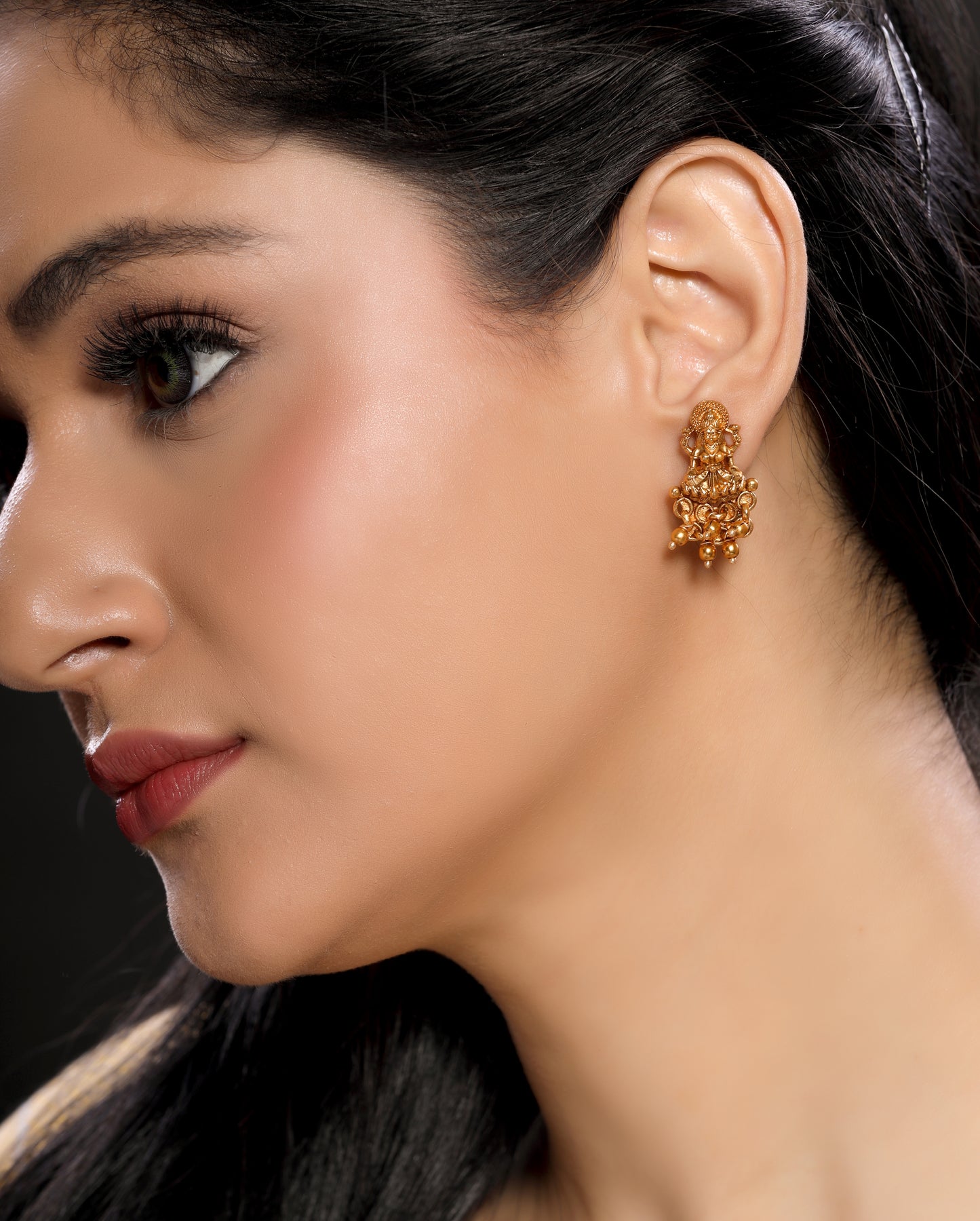 Small Size Laxmi Traditional Temple Studs Earrings in 22KT Gold Plated Matte finish