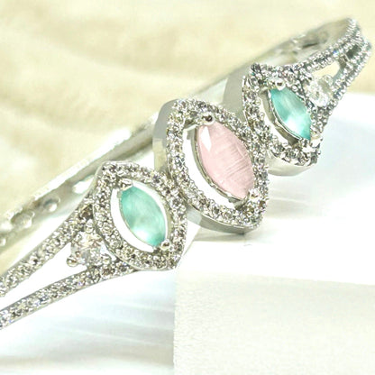 Rhodium Plated Sea Green and Baby Pink Studded Zirconia Bracelet