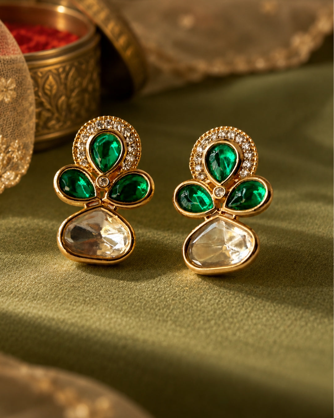 Gold-Plated Emerald Kundan & AD Stud Earrings