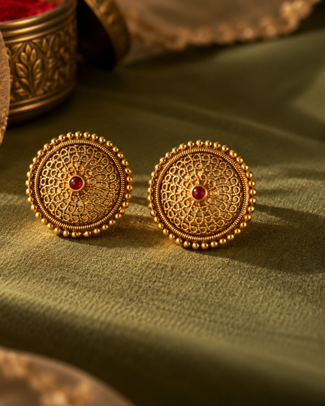 Round Gold-Plated Ruby Stone Stud Earrings