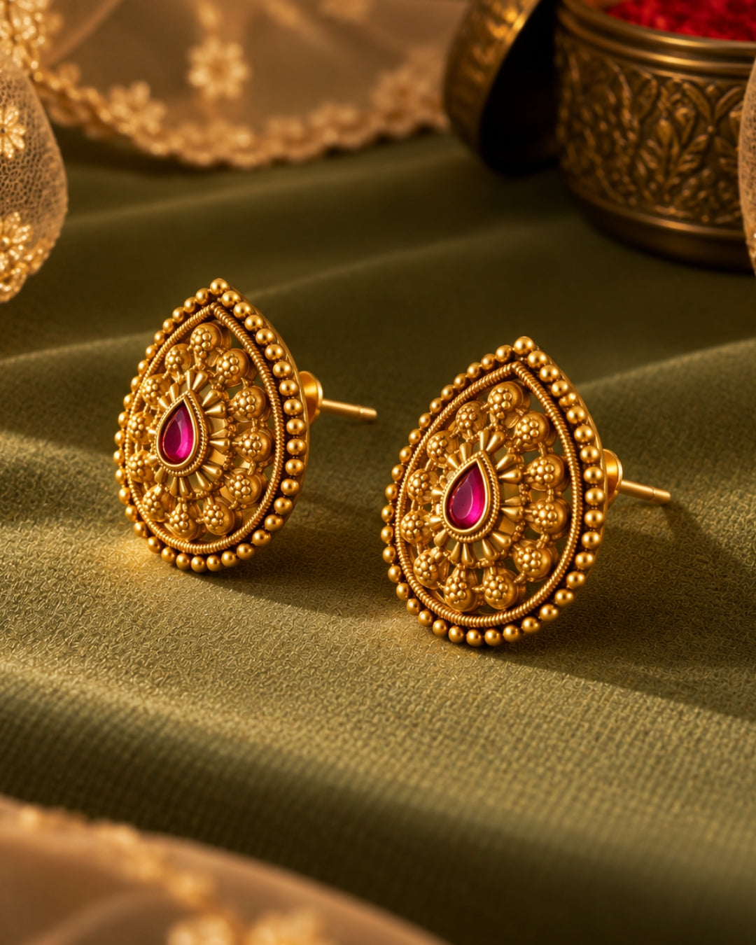 Gold-Plated Teardrop Ruby Stud Earrings