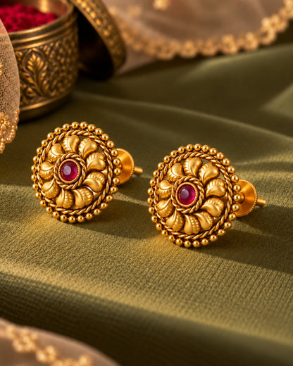 Circular Gold-Plated Stone Stud Earrings