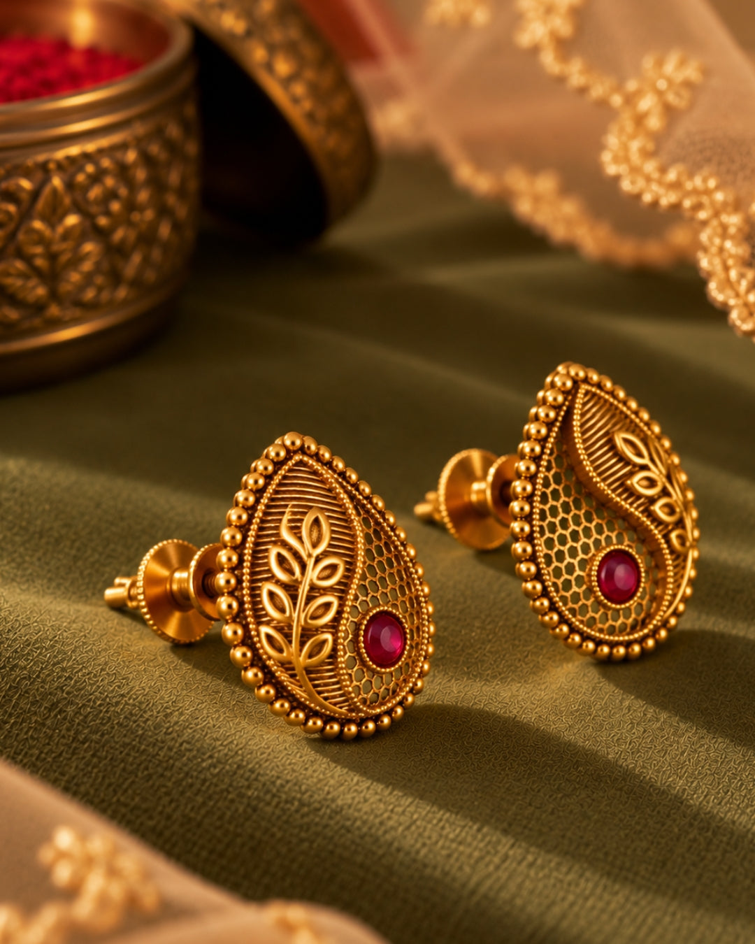 Antique Teardrop Gold-Plated Ruby Stud Earrings