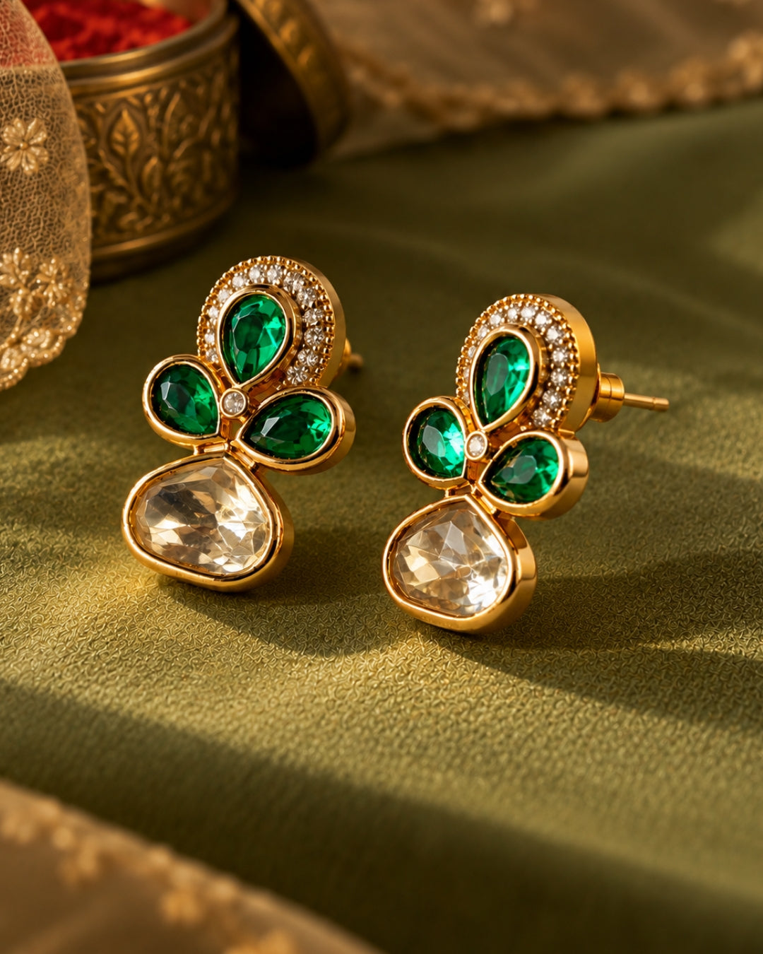Gold-Plated Emerald Kundan & AD Stud Earrings