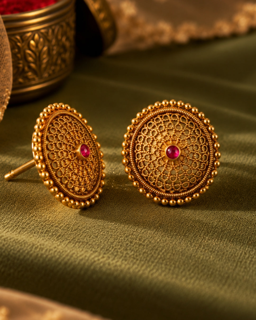 Round Gold-Plated Ruby Stone Stud Earrings