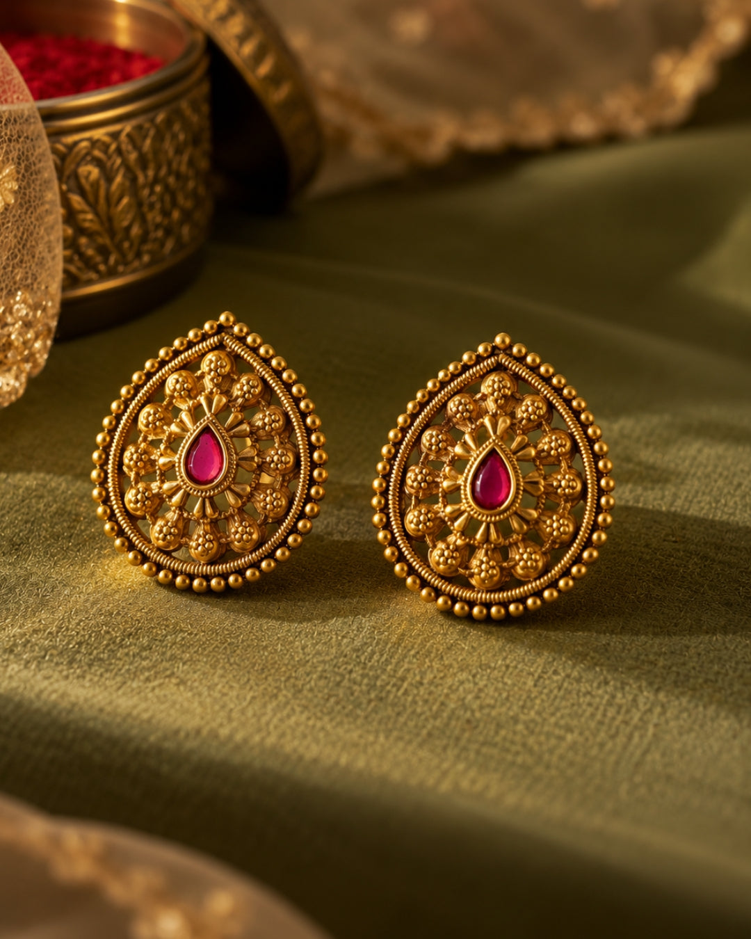 Gold-Plated Teardrop Ruby Stud Earrings
