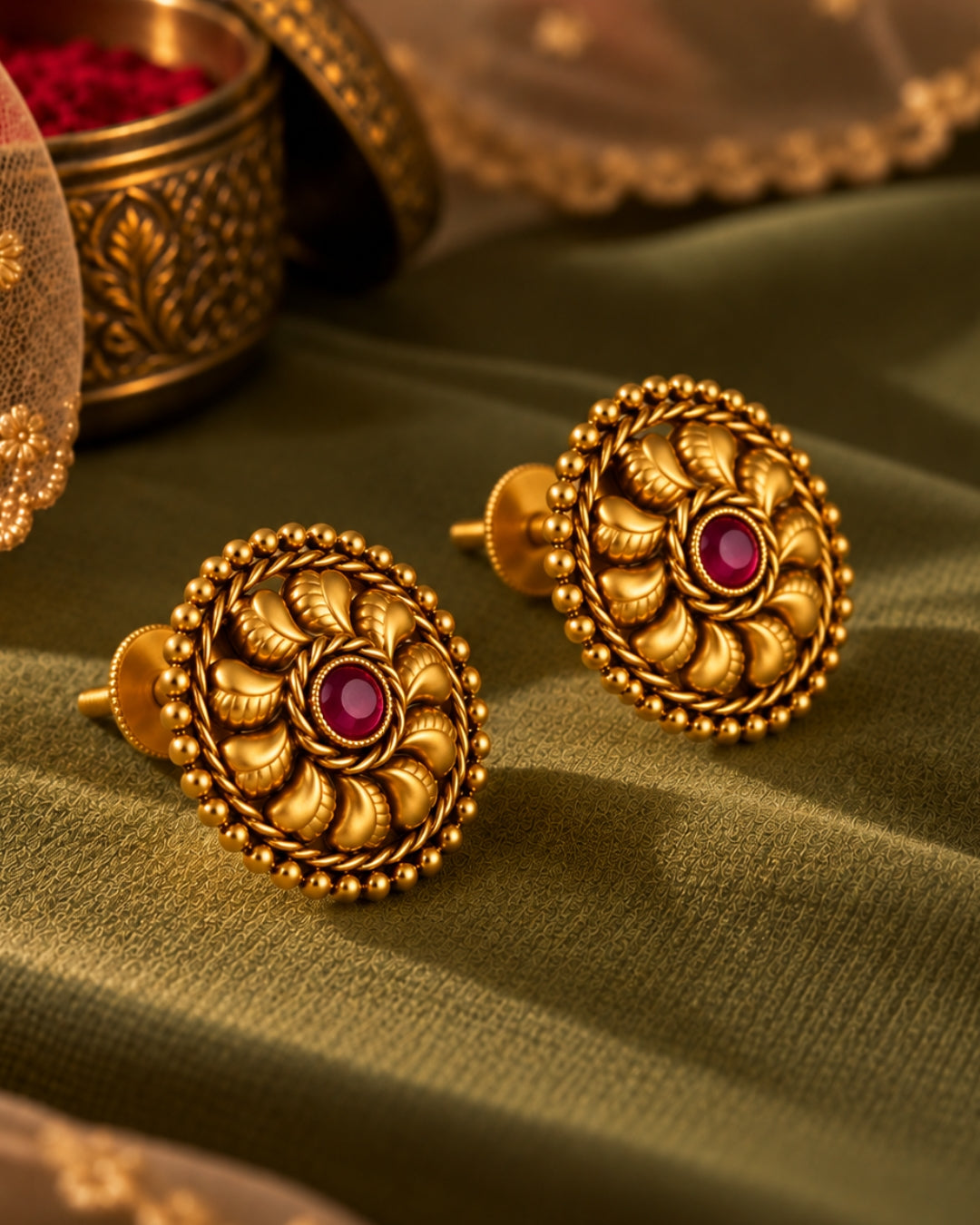 Circular Gold-Plated Stone Stud Earrings