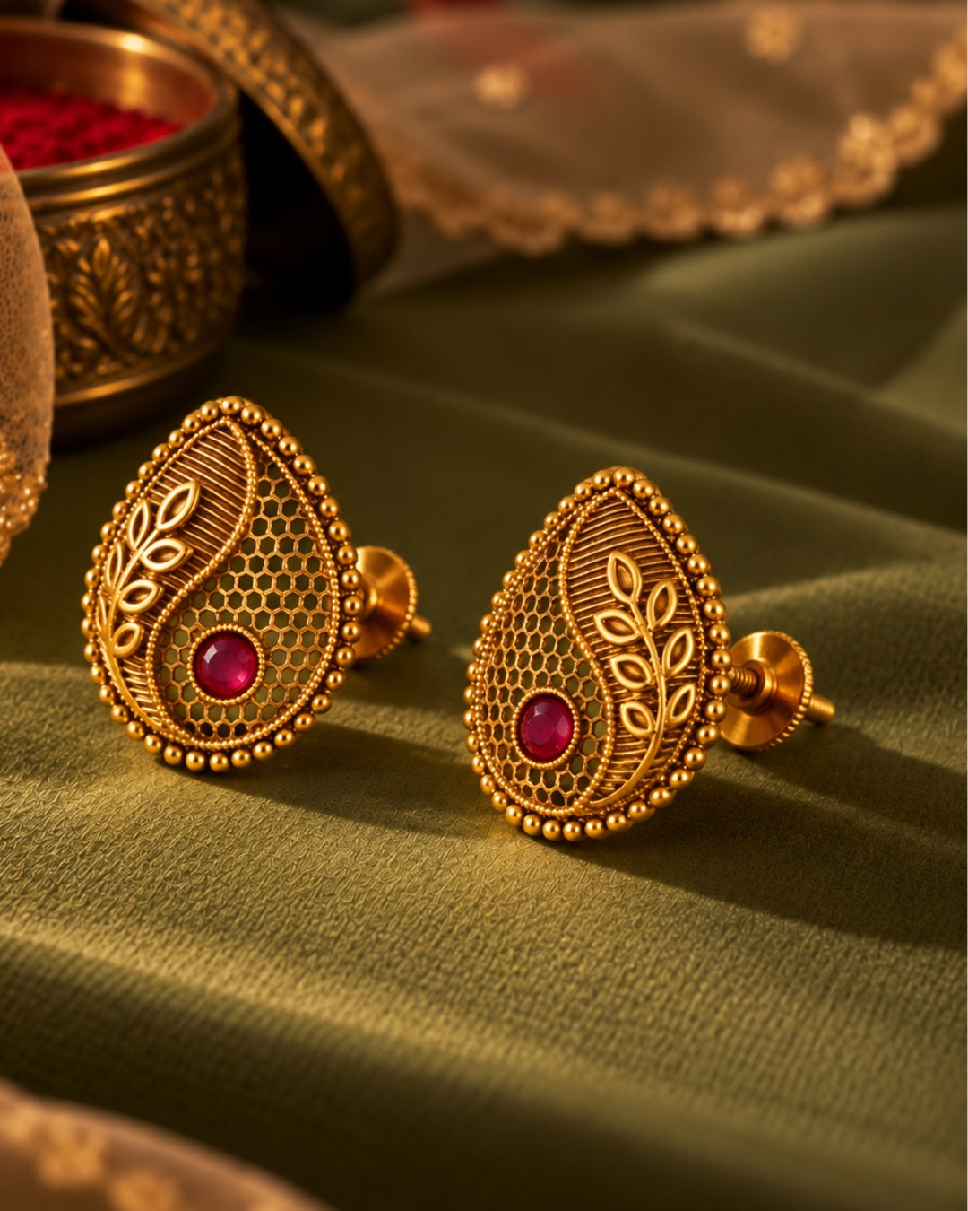 Antique Teardrop Gold-Plated Ruby Stud Earrings