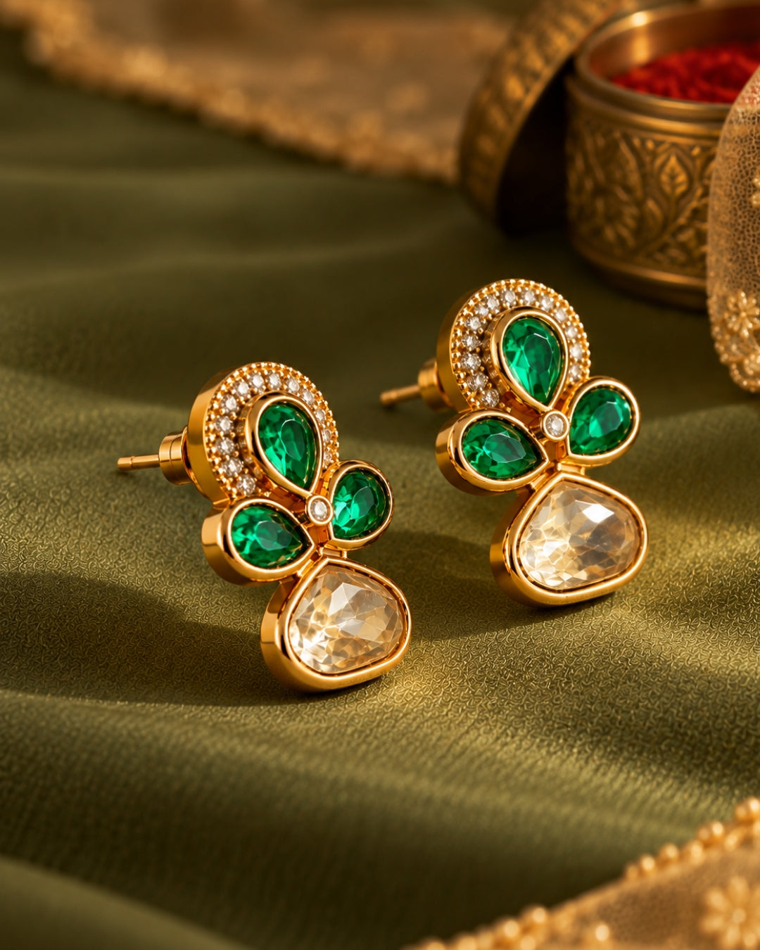 Gold-Plated Emerald Kundan & AD Stud Earrings
