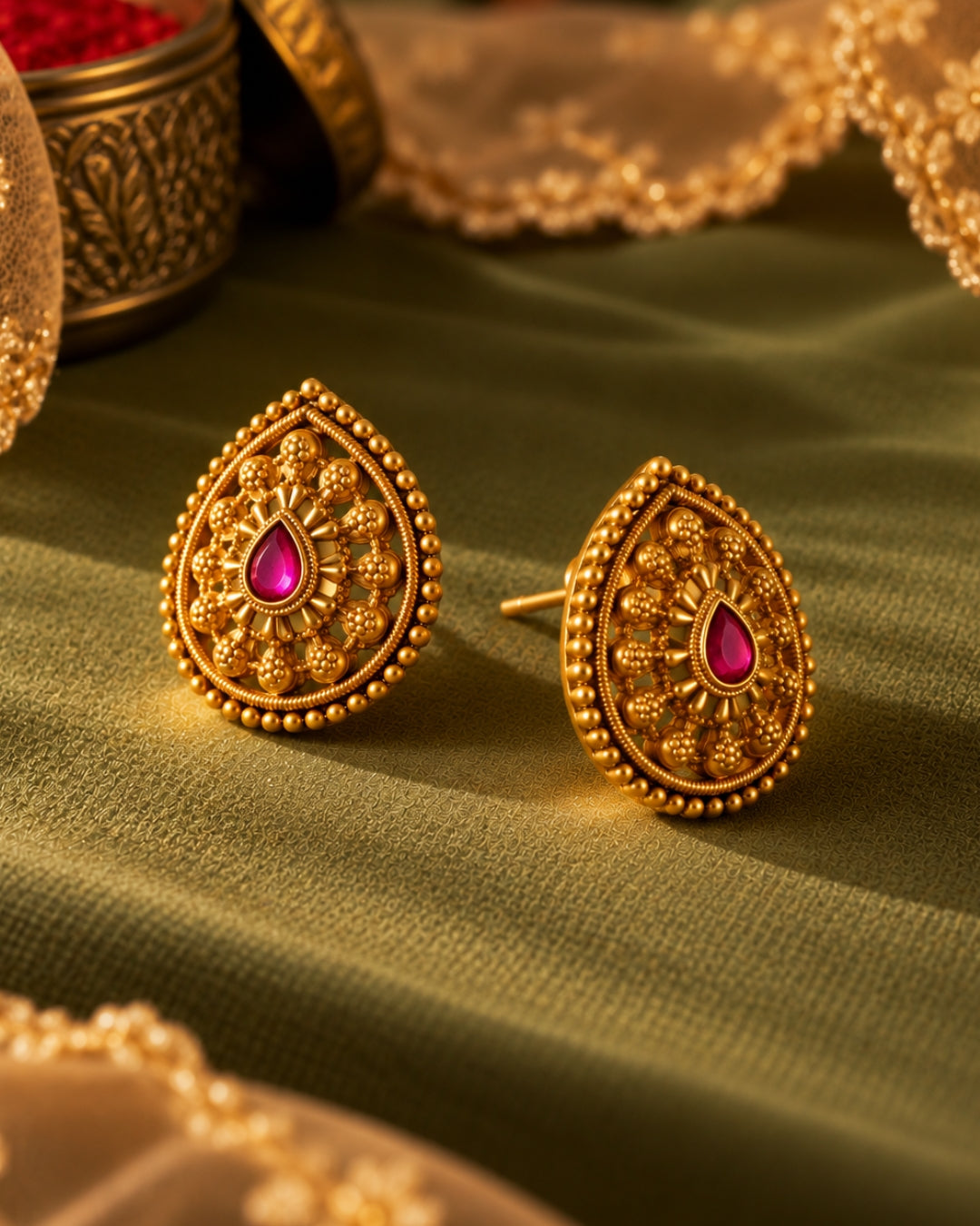 Gold-Plated Teardrop Ruby Stud Earrings