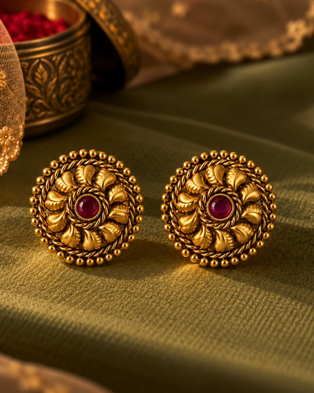 Circular Gold-Plated Stone Stud Earrings