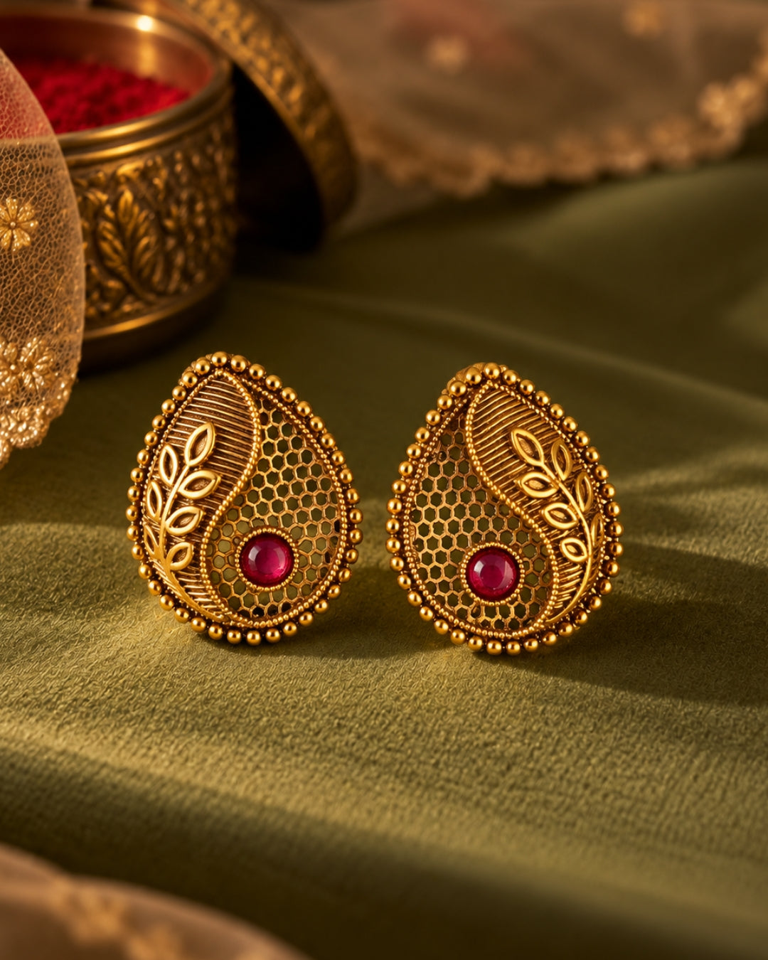 Antique Teardrop Gold-Plated Ruby Stud Earrings