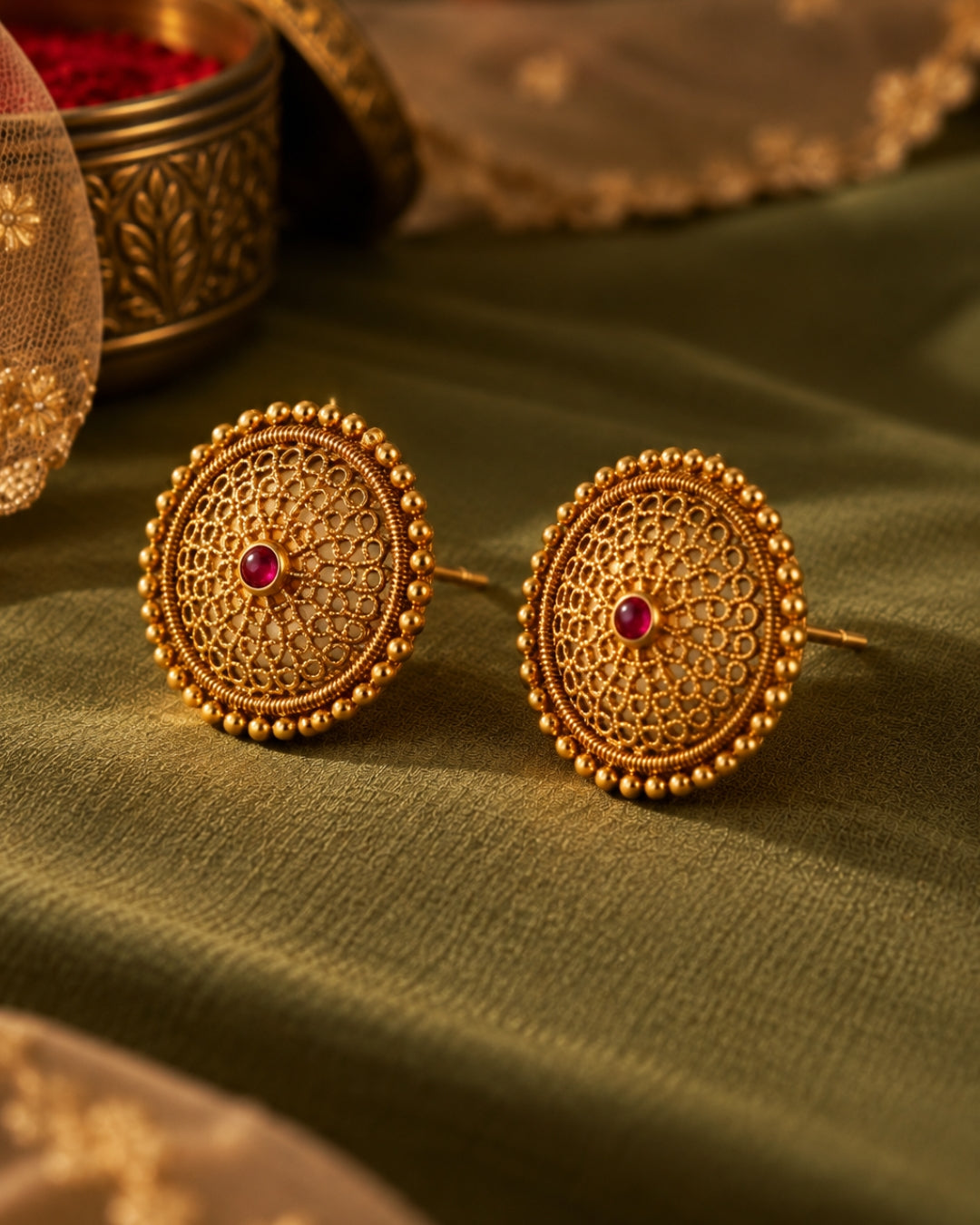 Round Gold-Plated Ruby Stone Stud Earrings