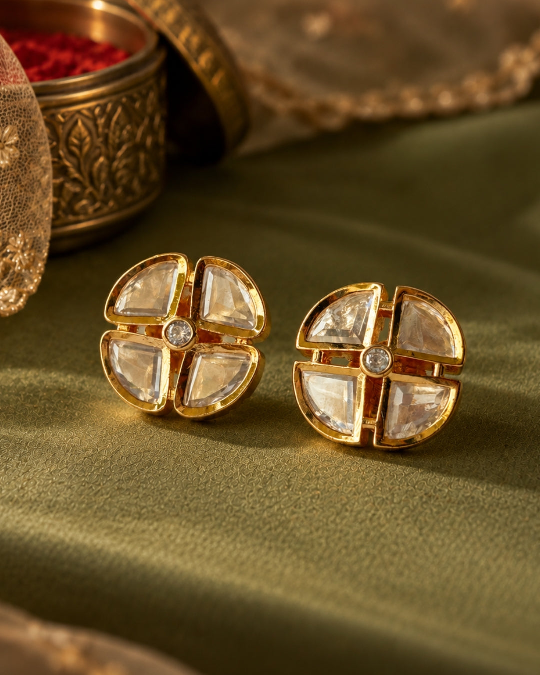 Traditional Gold-Plated Circular Kundan Stud Earrings