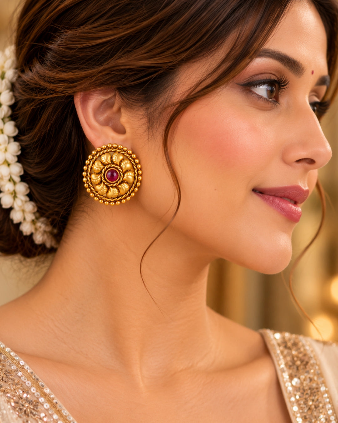 Circular Gold-Plated Stone Stud Earrings
