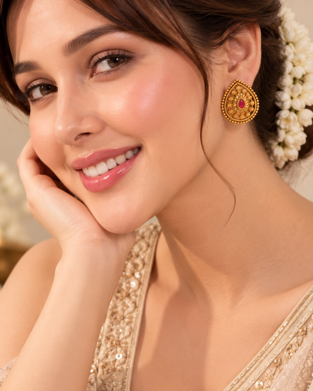 Gold-Plated Teardrop Ruby Stud Earrings