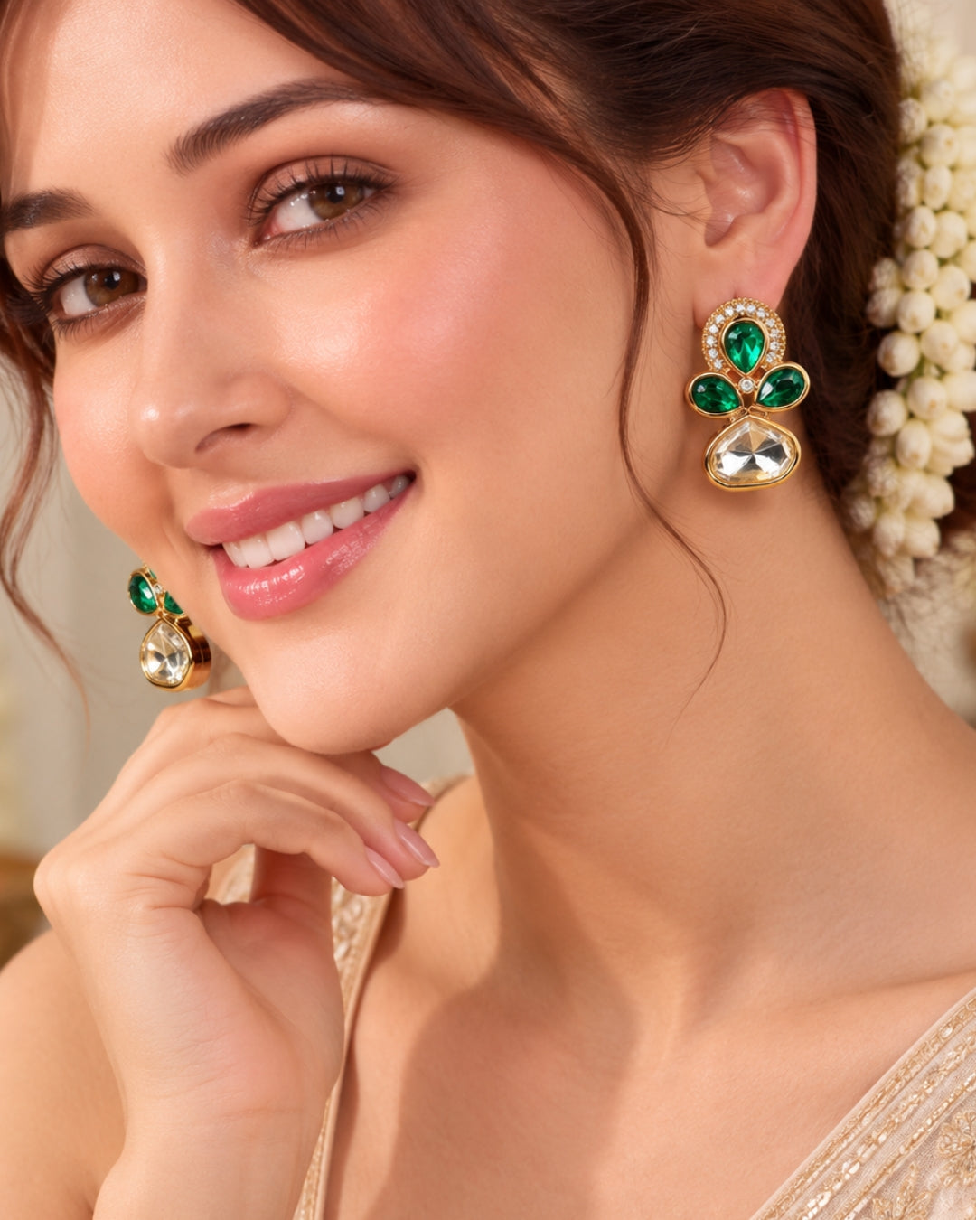 Gold-Plated Emerald Kundan & AD Stud Earrings