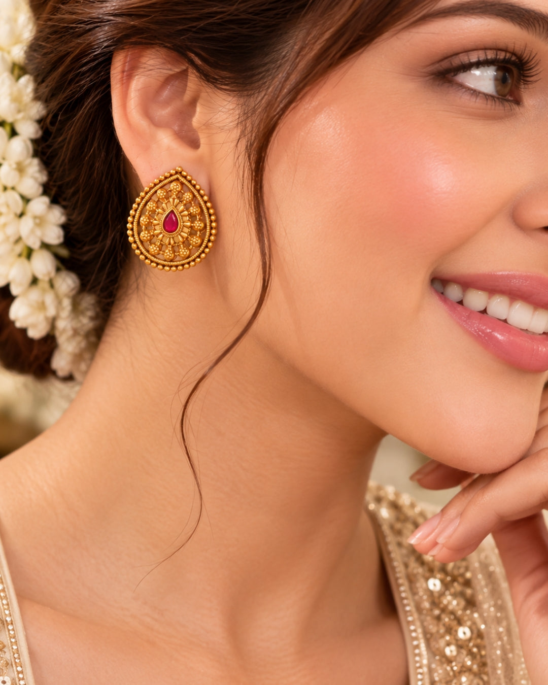 Gold-Plated Teardrop Ruby Stud Earrings