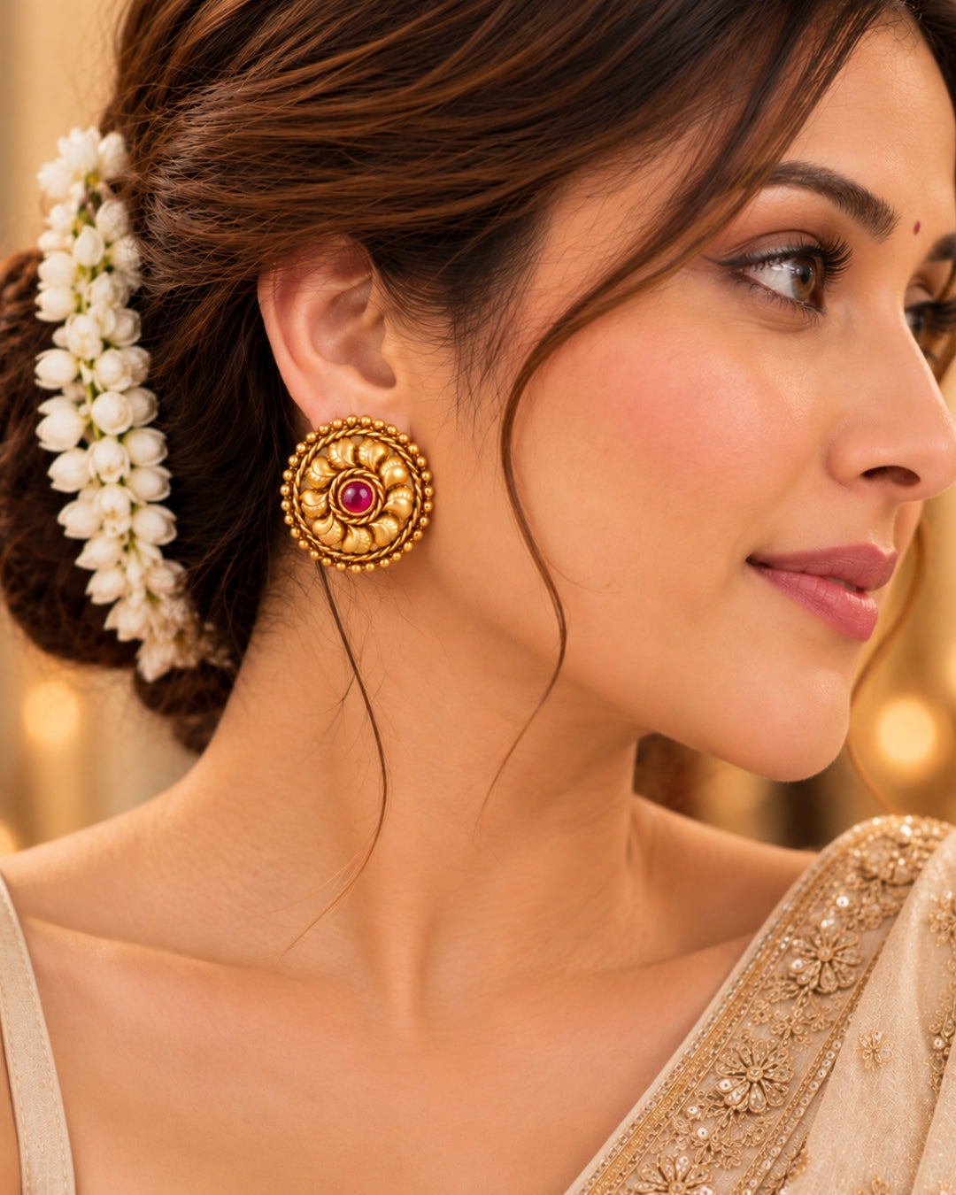 Circular Gold-Plated Stone Stud Earrings