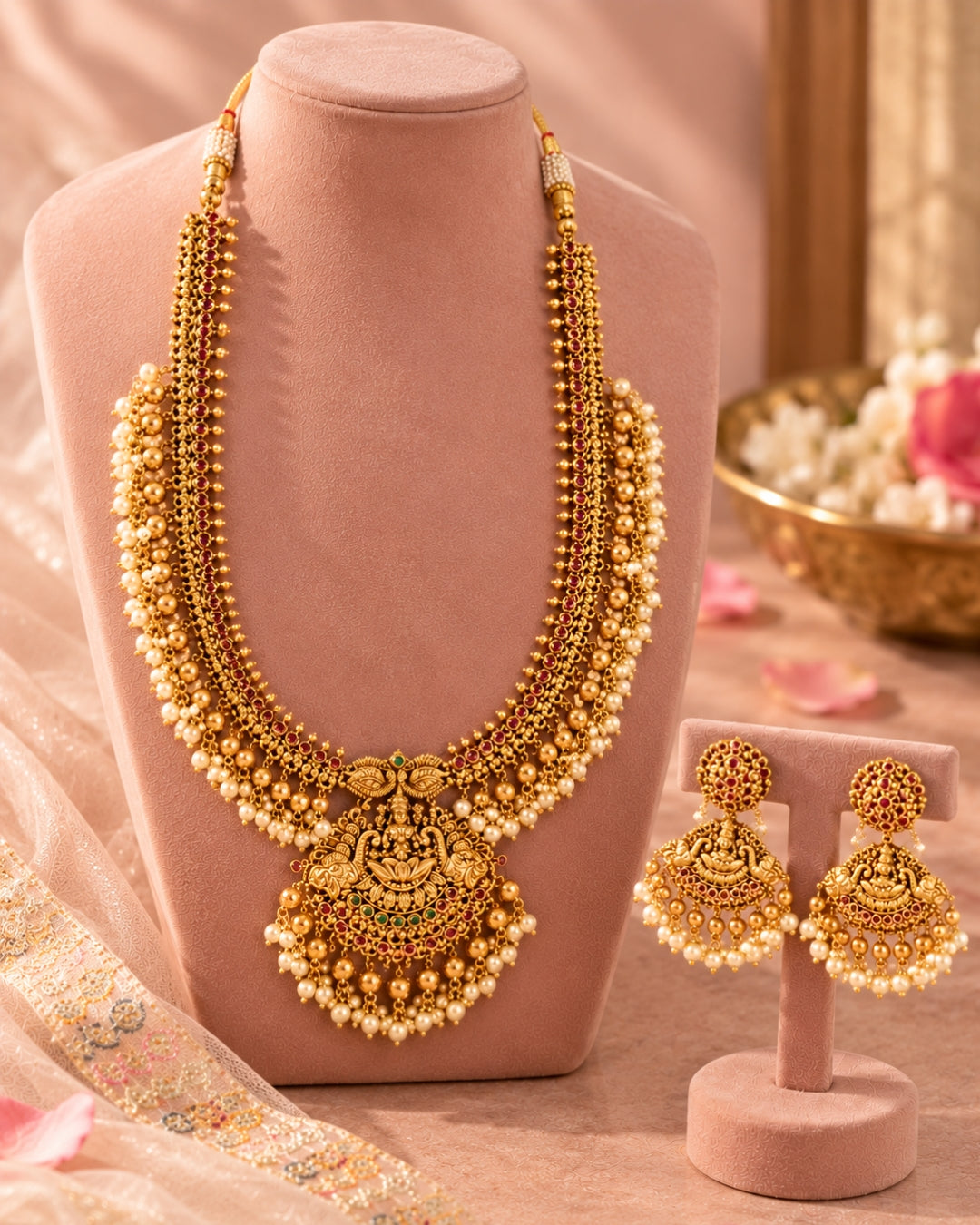 Long Temple Gold-Plated Red Stone & White Beaded Antique Necklace Set
