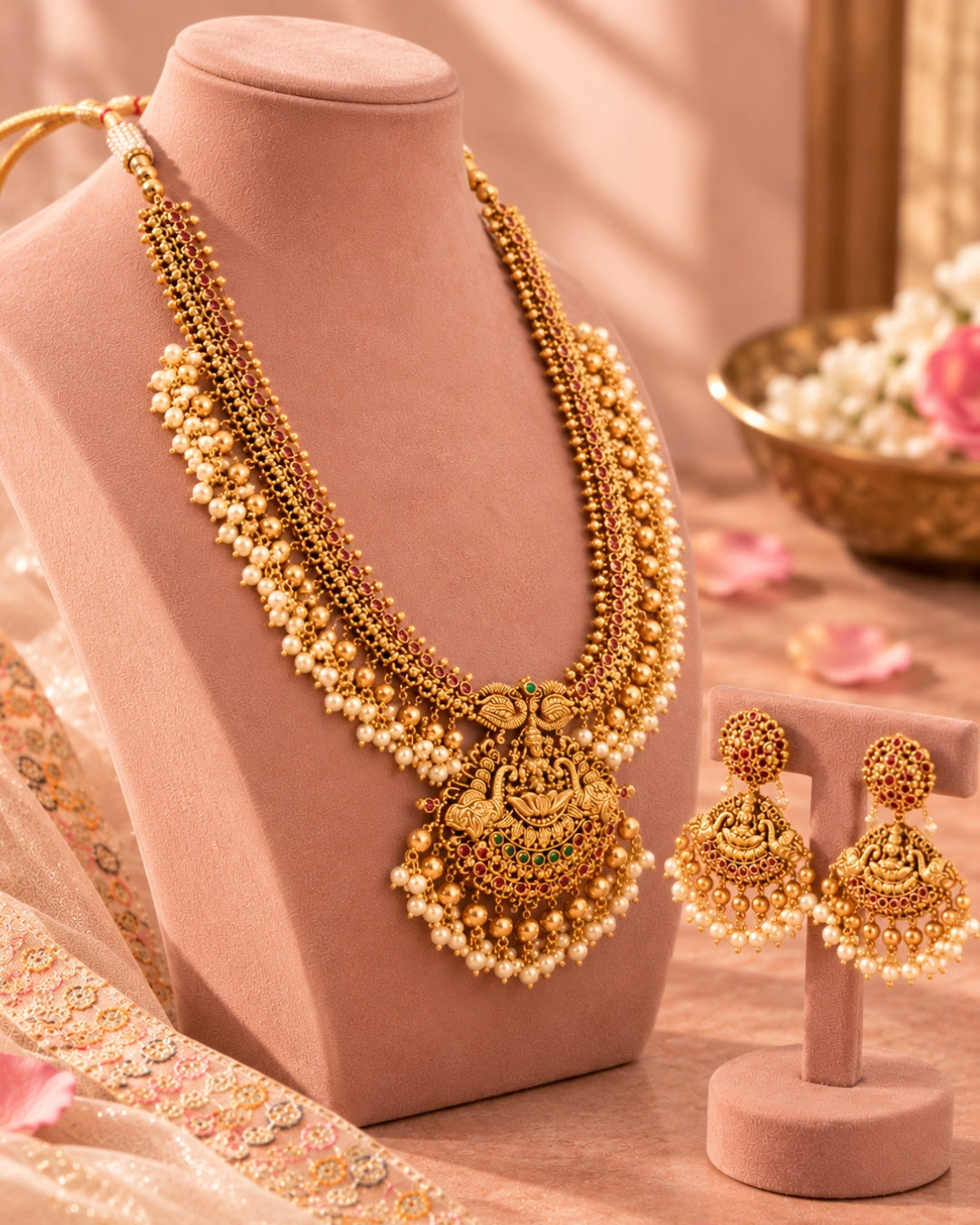 Long Temple Gold-Plated Red Stone & White Beaded Antique Necklace Set