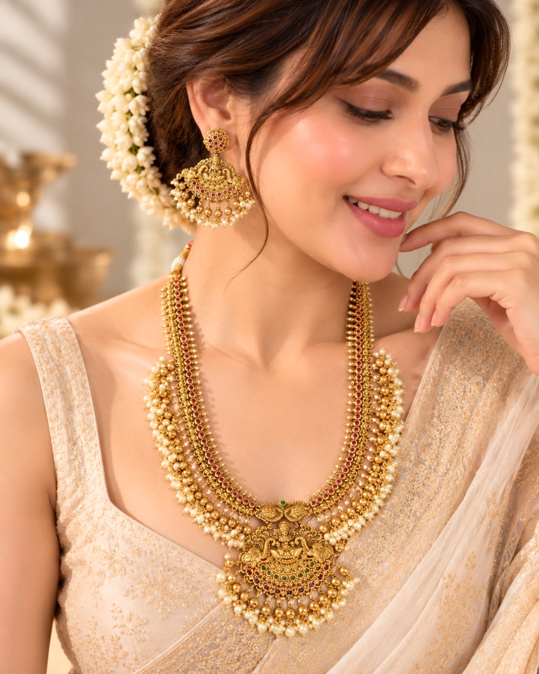 Long Temple Gold-Plated Red Stone & White Beaded Antique Necklace Set