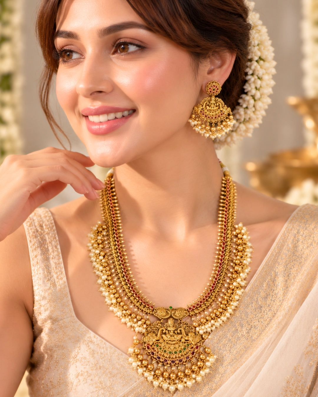 Long Temple Gold-Plated Red Stone & White Beaded Antique Necklace Set