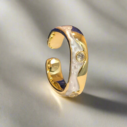 PRIMA DONNA SERIES - 18K Gold Plated Mother of Pearl with Round 5A Zirconia Brass Adjustable Finger Ring