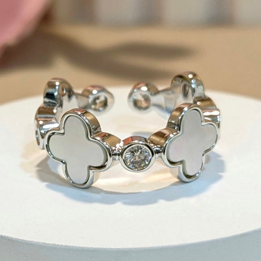 PRIMA DONNA SERIES - Flower Shaped Mother of Pearl with 5A Zirconia Rhodium Plated Adjustable Finger Ring