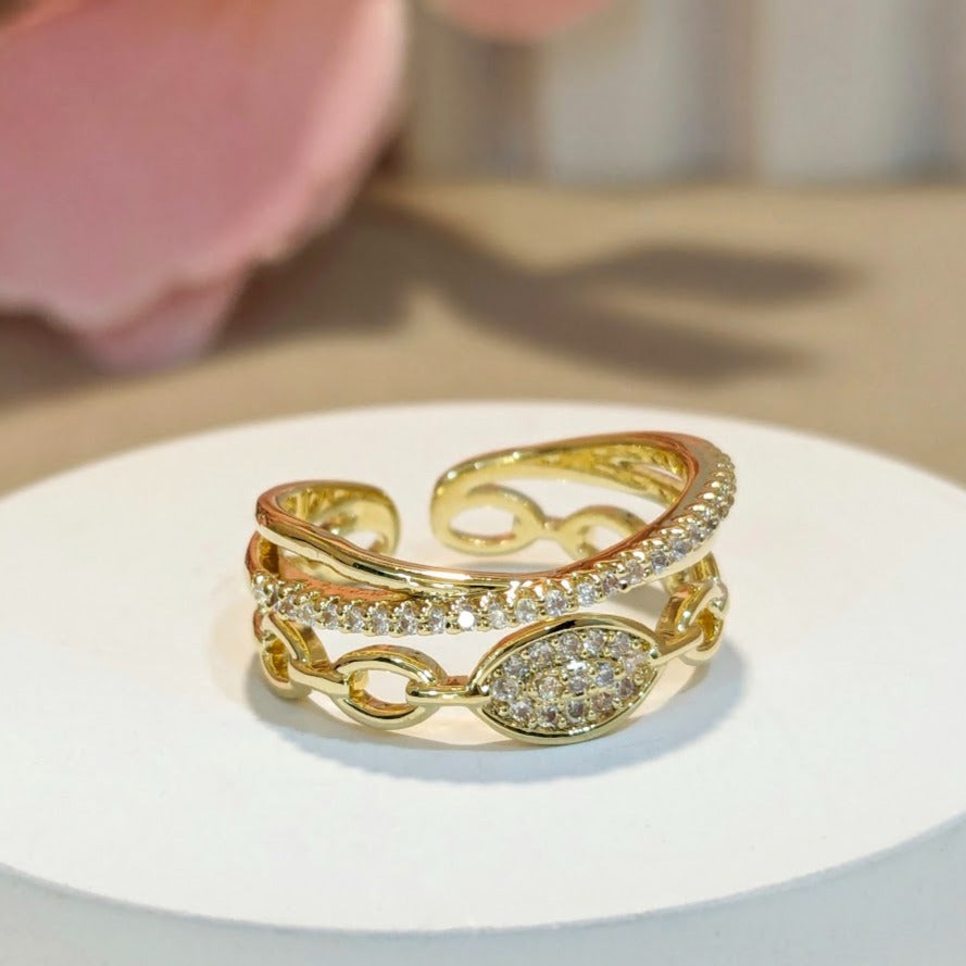PRIMA DONNA SERIES - 18k Gold Plated 5A Zirconia 3 Layered Cross Adjustable Finger Ring