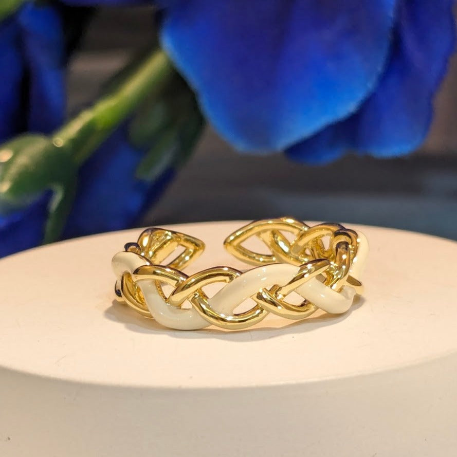 PRIMA DONNA SERIES - 18K Gold Plated with Ceramic Braided Brass Adjustable Finger Ring