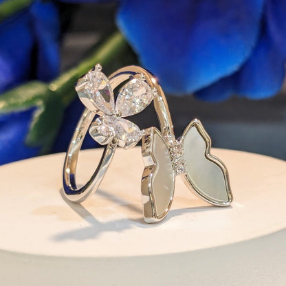 PRIMA DONNA SERIES - Rhodium Plated Mother of Pearl Butterfly with 5A Zirconia Flower Adjustable Finger Ring