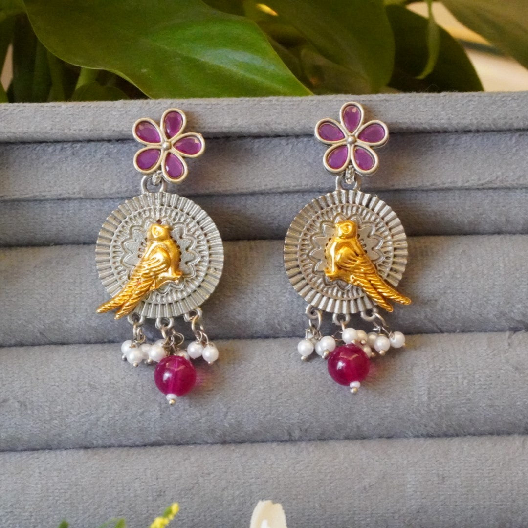 Dual Toned Floral & Bird Motif Oxidized Earrings