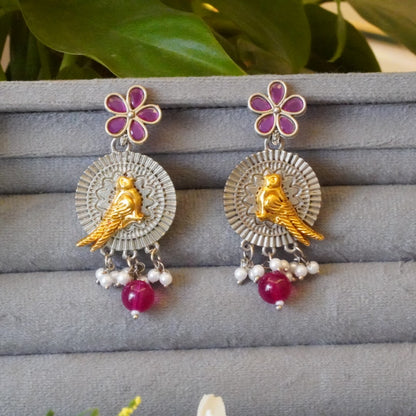 Beautifully Crafted Dual Toned Floral & Bird Motif, Crystal Bead Accents & Delicate Pearls Oxidized Earrings